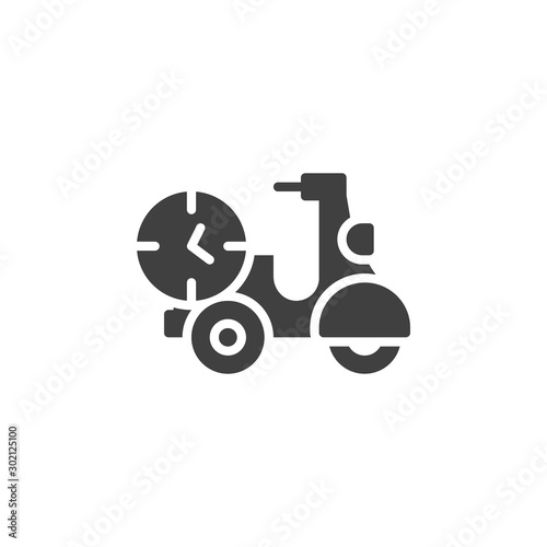 Scooter delivery time vector icon. Motor bike with clock filled flat sign for mobile concept and web design. Express delivery glyph icon. Symbol, logo illustration. Vector graphics
