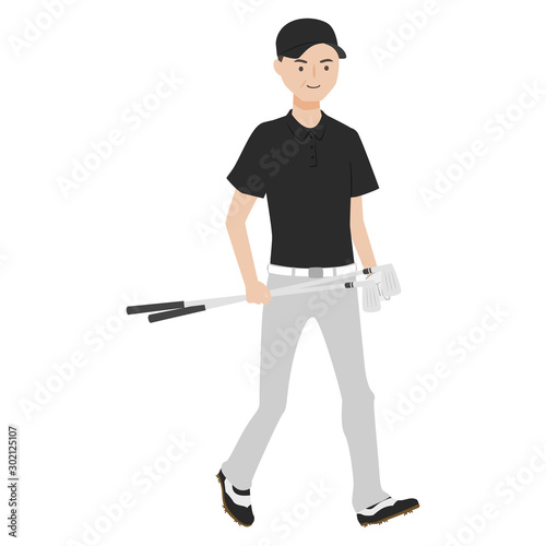 男性のイラスト。ゴルフクラブを持って歩いている男性たち。