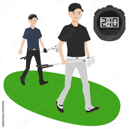 男性のイラスト。ゴルフクラブを持って歩いている男性たち。