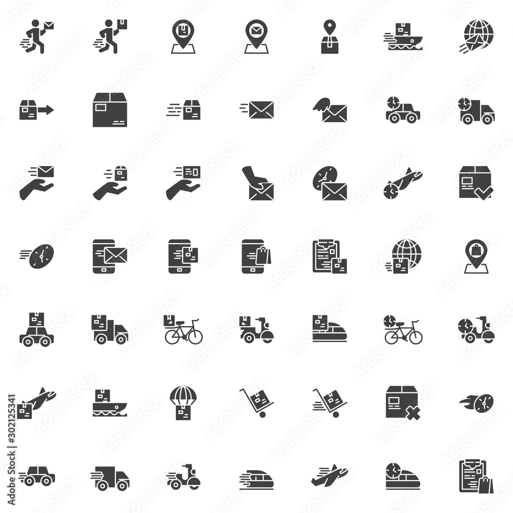 Express delivery vector icons set, modern solid symbol collection, Fast shipping filled style pictogram pack. Signs, logo illustration. Set includes icons as Courier, Parcel tracking, Package box Express delivery vector icons set, modern solid symbol collection, Fast shipping filled style pictogram pack. Signs, logo illustration. Set includes icons as Courier, Parcel tracking, Package box