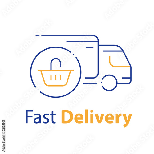 Shopping order delivery, truck distribution, purchase shipping, basket line icon