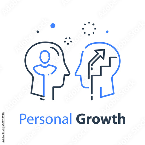 Human head profile and arrow, growth mindset, potential development, leadership education concept © stmool
