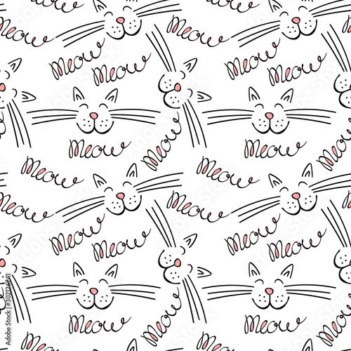 Canvas Print Seamless pattern with meow lettering and cat face