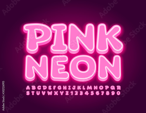 Vector Pink Neon Font. Glowing Alphabet Letters and Numbers.