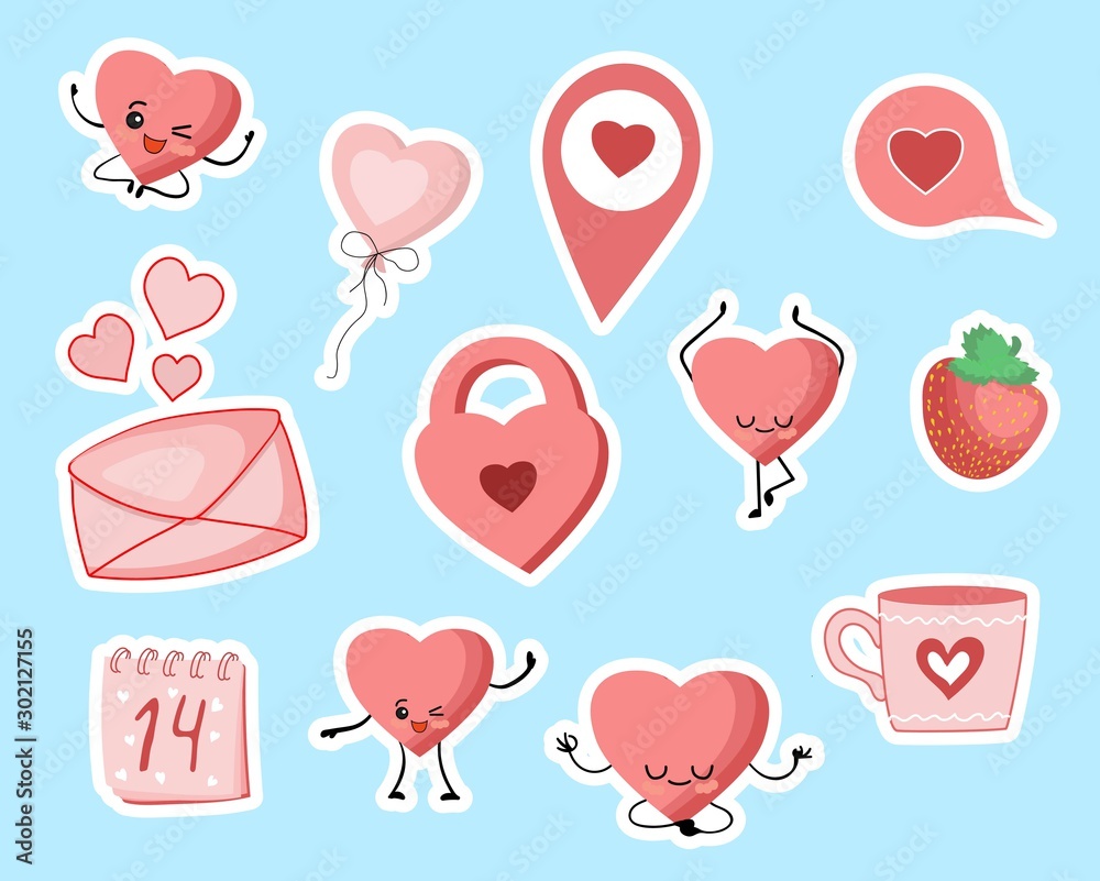 Valentine's Day stickers. Heart, castle, cup, cloud, love. Valentine's Day stickers. Heart, castle, cup, cloud, love.