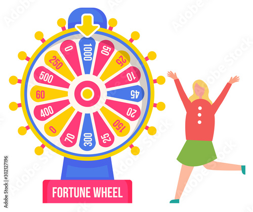 Luck and chance, fortune wheel and girl winner. Pointer and money sum, child and roulette, casino and opportunity, color circle and rotation. Vector illustration in flat cartoon style