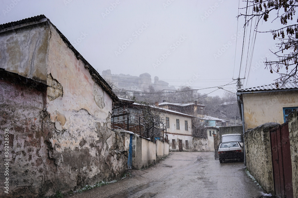 Cityscape overlooking the old streets of Bakhchisaray in winter