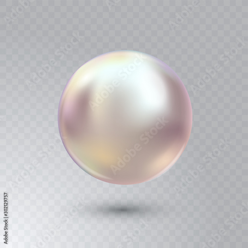 Vector illustration of single shiny natural white sea oyster pearl with light effects isolated on transparent background. Beautiful 3D shining realistic pearl for luxury accessories.