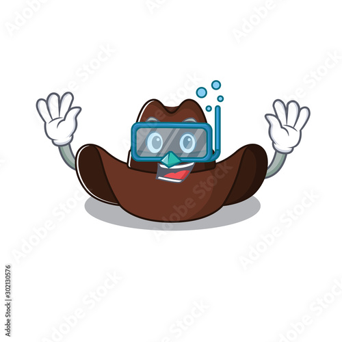 Cheerful on cowboy hat diving cartoon character