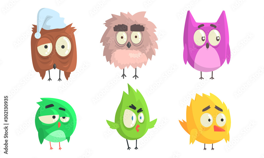 Cartoon birds with eyebrows. Vector illustration on White Background. Cartoon birds with eyebrows. Vector illustration on White Background.