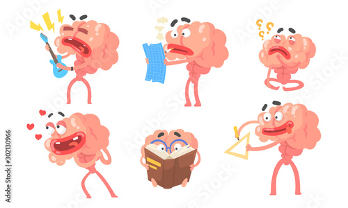 Set of cartoon humanized brains with arms and legs. Vector illustration.