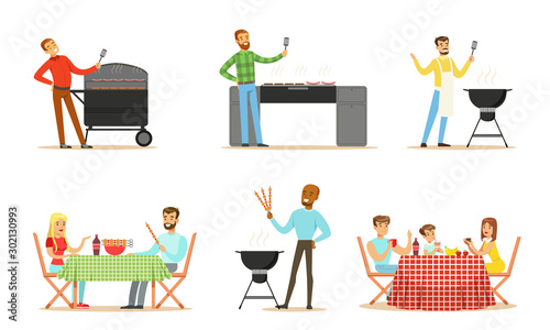 Men and women on the barbecue. Vector illustration.