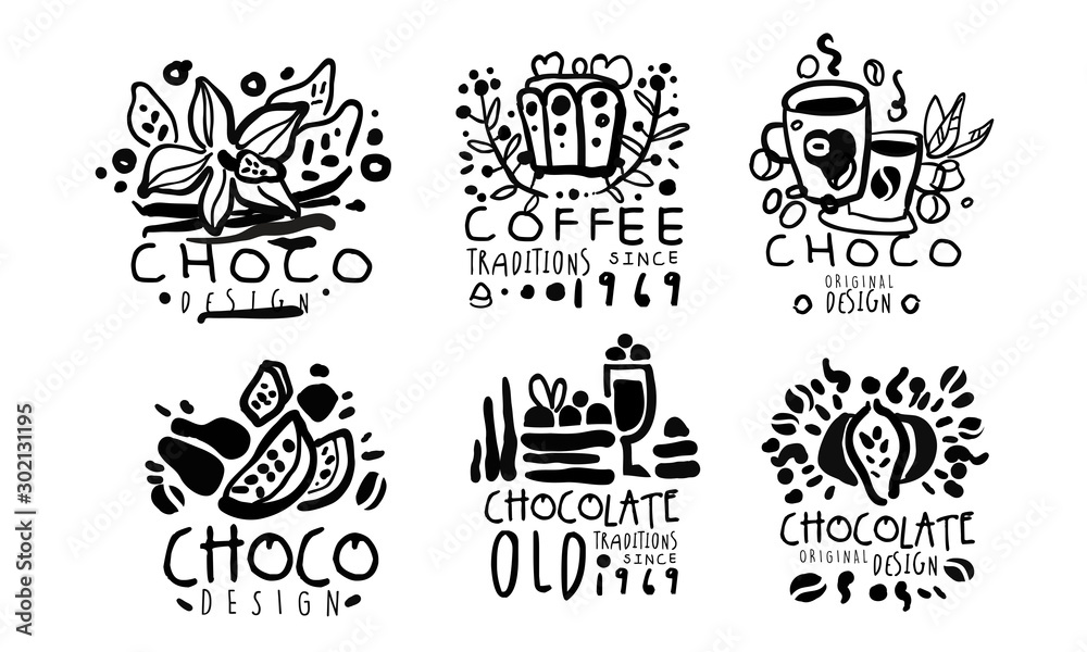 Set of black logos for a coffee shop. Vector illustration.