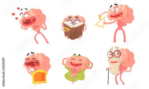 Humanized cartoon brain with a face. Vector illustration.