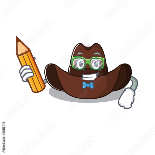 Cheerful on cowboy hat student holding pencil cartoon character
