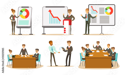 People at the presentation show different graphs. Vector illustration.