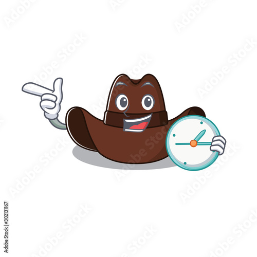 Cheerful on cowboy hat with bring clock cartoon character