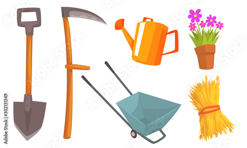 Different tools for a farm and a flower in a pot. Vector illustration.