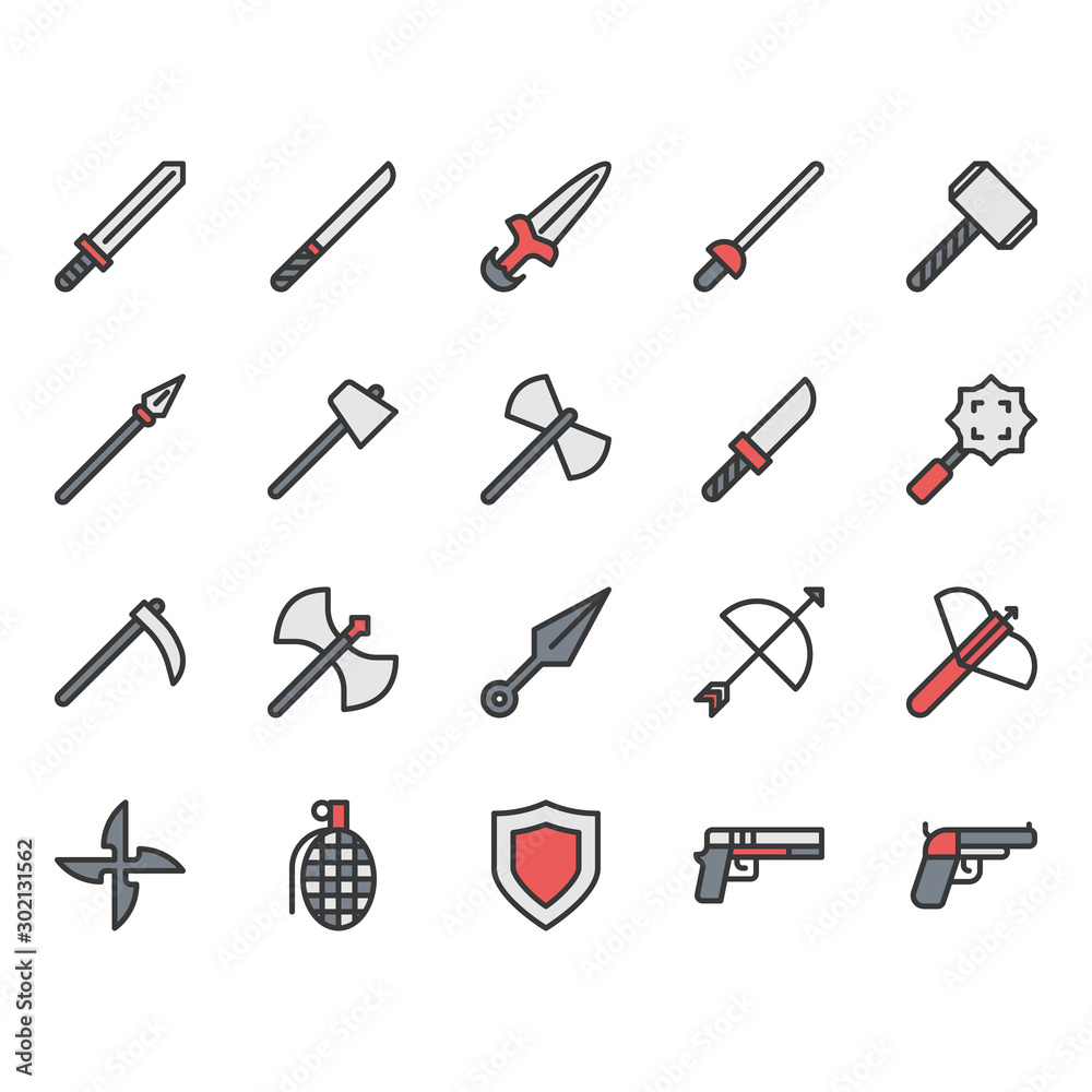 Weapon related icon and symbol set. Weapon related icon and symbol set.