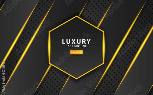 luxury dark background with gold line. Technology Concept, Digital Template, overlap layers with paper effect. Realistic light effect on black textured particle background, vector illustration.