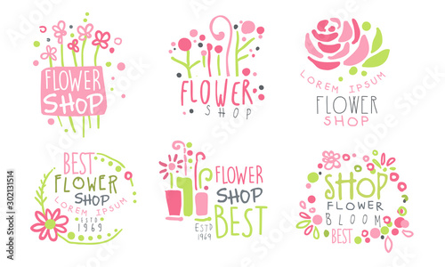 Set of logos for a flower shop. Vector illustration.