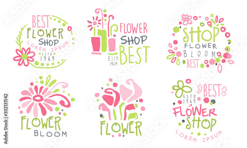 Set of contour logos for a flower shop. Vector illustration.