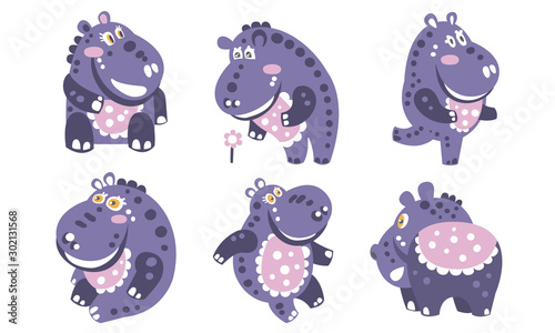 Violet cartoon hippo with a pattern. Vector illustration.