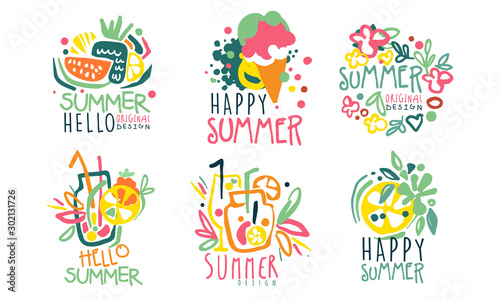 Set of summer logos with lettering. Vector illustration.