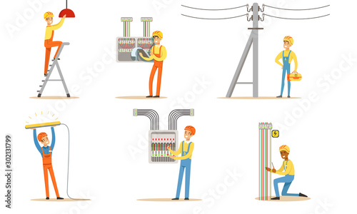 Electrician in a helmet and uniform works. Vector illustration.