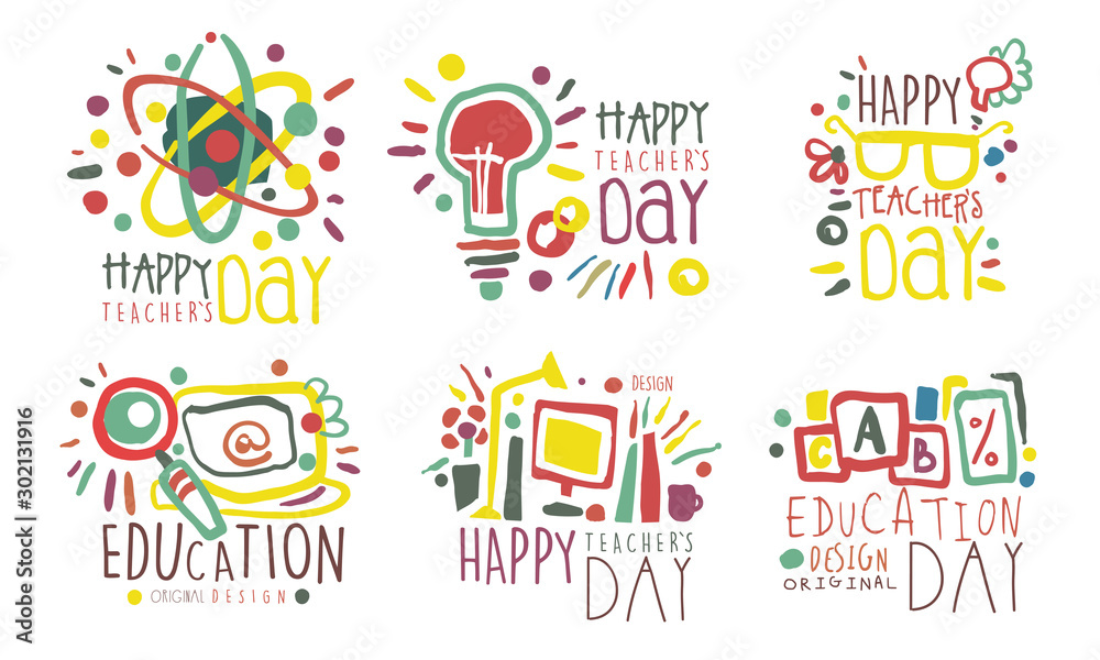 Set of outline drawings with lettering for the celebration of teacher s day. Vector illustration.