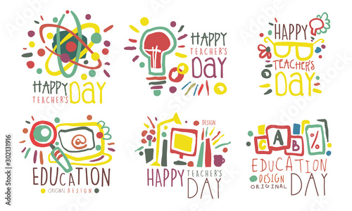 Set of outline drawings with lettering for the celebration of teacher s day. Vector illustration.