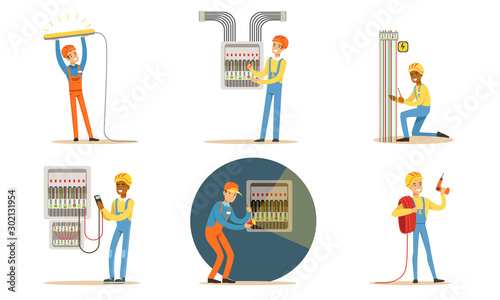 Electricians in uniform repair wiring. Vector illustration.