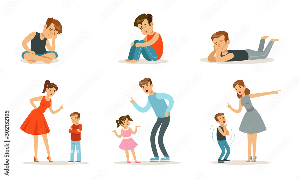 Upset teenagers and parents scold children. Vector illustration. Upset teenagers and parents scold children. Vector illustration.