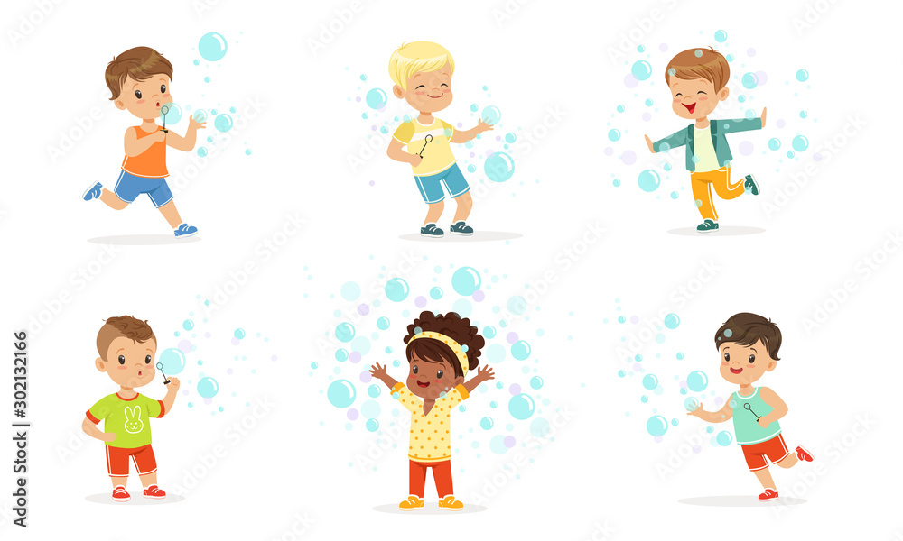 Children play with soap bubbles. Vector illustration.