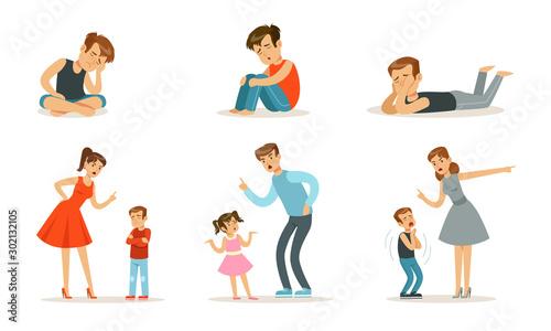 Upset teenagers and parents scold children. Vector illustration.