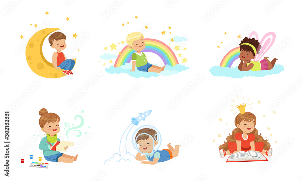 Toddlers and magical dreams. Vector illustration on White Background. Toddlers and magical dreams. Vector illustration on White Background.