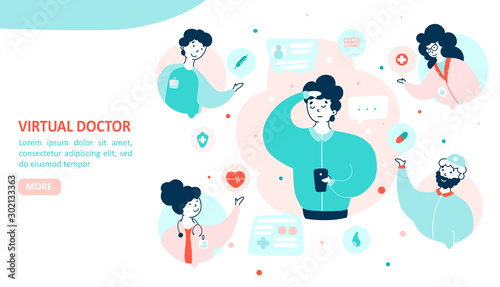 Virtual doctor landing page flat vector template