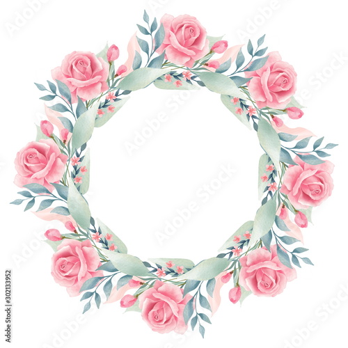 Wreath of roses, watercolor illustration isolated on white