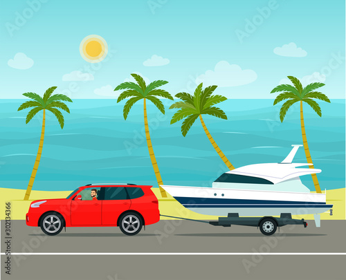 SUV car with a driver tows a trailer with a boat against a tropical seascape. Vector flat style illustration.