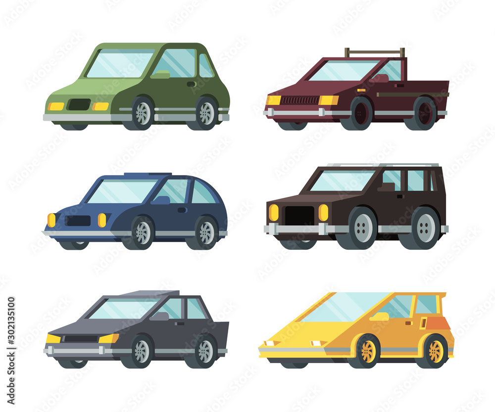 Different types of modern cars flat vector illustrations set