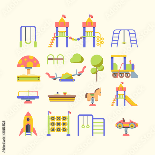 Child playground equipment flat vector illustrations set
