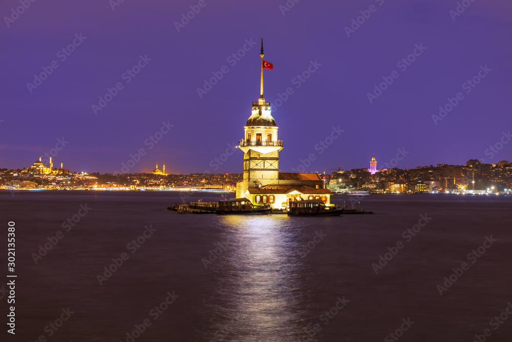 Maiden's Tower of Istanbul in evening lights, Tirkey