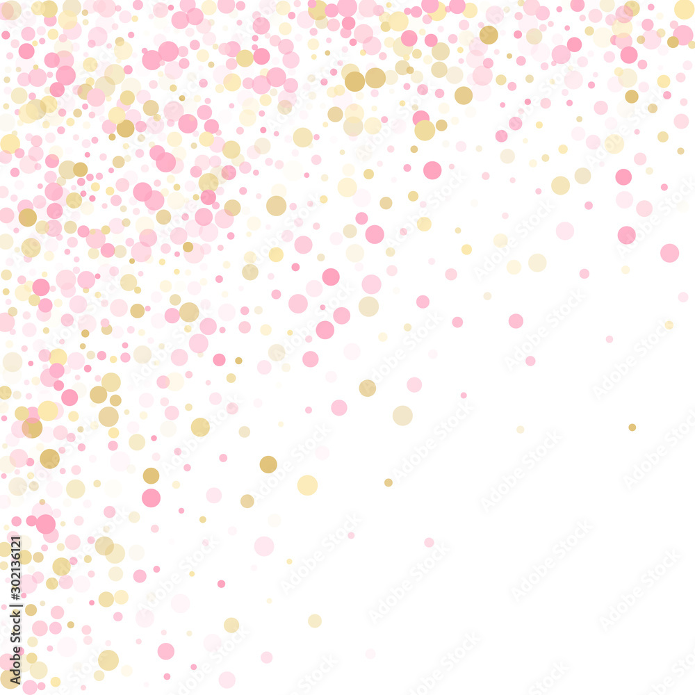 Gold, pink and rose color round confetti dots, circles chaotic scatter. Glamour bokeh background. Gold, pink and rose color round confetti dots, circles chaotic scatter. Glamour bokeh background.
