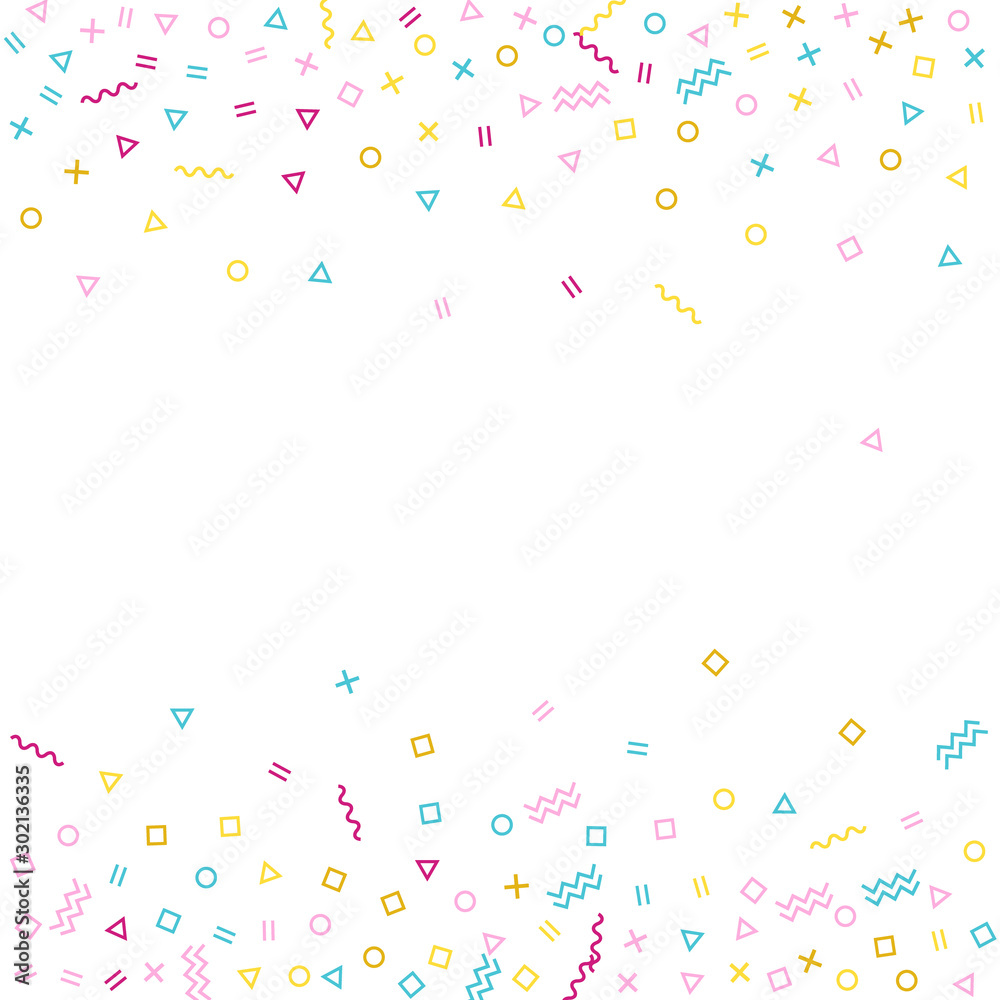 Memphis style geometric confetti vector background with triangle, circle, square shapes, zigzag and wavy line ribbons. Memphis style geometric confetti vector background with triangle, circle, square shapes, zigzag and wavy line ribbons.