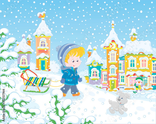 Little boy walking with his small cheerful pup and a sledge on a snow-covered playground with a snow slide in a winter park of a small town on a beautiful snowy day, vector cartoon illustration