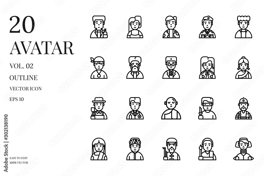 User avatar icons. Set of avatar vector outline icon. Pixel perfect icon. People character icon set. User avatar icons. Set of avatar vector outline icon. Pixel perfect icon. People character icon set.