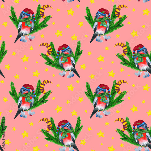 Seamless Christmas pattern bullfinch and starry sky.