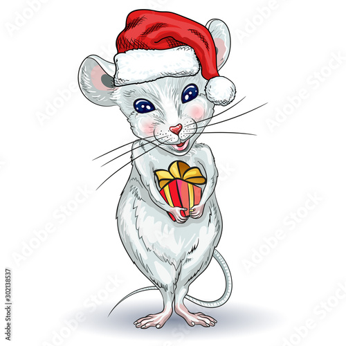 White mouse with a gift. Suitable for 2020 calendar, Zodiac sign, horoscope. Decorative greeting card-happy New year and merry Christmas.