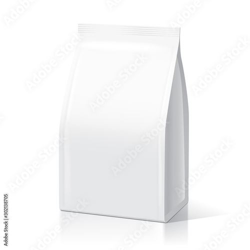 White blank pack realistic vector. Bag or pouch for snacks, illustrations isolated on transparent background, mock up for packaging design