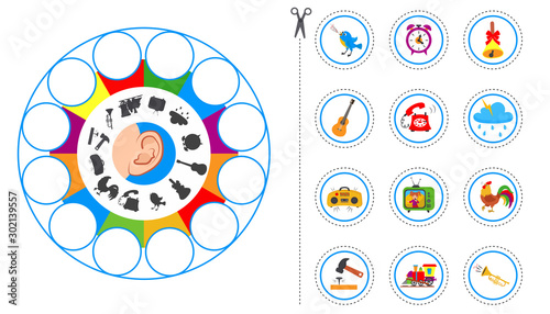 Educational worksheet for kids. Game for Kids to Compare and Connect Objects and Shadows. The picture of senses and objects - touch, taste, hearing, sight, smell